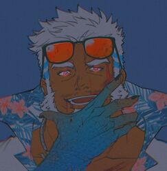  1boy aegir_(housamo) aqua_hair bad_id bad_twitter_id bara beard blood blood_on_face blue_eyes collared_shirt dark dark-skinned_male dark_skin emoji eyewear_on_head facial_hair fins fish_boy hand_on_own_face heart heart-shaped_pupils looking_at_viewer male_focus mature_male multicolored_hair muscular muscular_male open_mouth portrait sdz_(inazuma) shirt short_hair solo spot_color streaked_hair sunglasses symbol-shaped_pupils tokyo_afterschool_summoners white_hair 