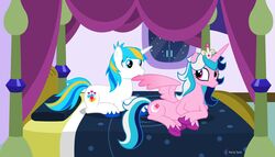  2021 7:4 absurd_res alicorn allopreening bed blonde_hair blue_hair canopy_bed crown detailed_background duo equid equine fan_character feather_preening feathers female feral fetlocks furniture hair happy hasbro headgear hi_res horn inside looking_back lying male mammal multicolored_hair my_little_pony mythological_creature mythological_equine mythology on_front parclytaxel personal_grooming pink_body purple_hair signature smile social_grooming unicorn white_body window wings 