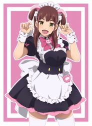  :d absurdres akiba_maid_sensou animal_ears apron black_dress bow bowtie brown_hair dress emily0103 fake_animal_ears female highres long_hair looking_at_viewer maid maid_headdress pig_ears pink_background pink_bow pink_bowtie puffy_short_sleeves puffy_sleeves short_sleeves simple_background smile solo standing thighhighs wahira_nagomi white_thighhighs wrist_cuffs yellow_eyes zettai_ryouiki 