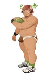  1boy american_football_(object) animal_ears ball bara brown_eyes brown_hair bulge cow_boy cow_ears dark-skinned_male dark_skin eye_black facial_hair fiery_horns forked_eyebrows from_side full_body glowing_horns goatee green_socks highres holding holding_ball horns kosuke_(ksk11ksk11) looking_at_viewer male_focus muscular muscular_male navel one_eye_closed rugby_underwear short_hair sideburns smile socks solo spiked_hair standing stomach thick_eyebrows thick_thighs thighs tokyo_afterschool_summoners topless_male wakan_tanka white_background 