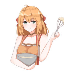  apron blonde_hair breasts chirun0 female fiora_(xenoblade) green_eyes highres holding holding_whisk long_hair medium_breasts simple_background smile solo upper_body whisk white_background xenoblade_chronicles_(series) xenoblade_chronicles_1 