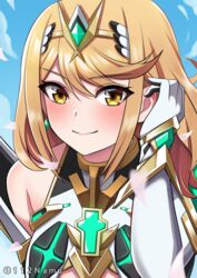  absurdres alternate_hairstyle bare_shoulders blonde_hair blue_sky circlet close-up closed_mouth cloud cloudy_sky dress earrings elbow_gloves female gloves highres jewelry looking_at_viewer mythra_(xenoblade) namu_(112namu) outdoors short_hair sky smile white_dress white_gloves xenoblade_chronicles_(series) xenoblade_chronicles_2 yellow_eyes 