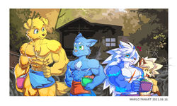  abs absurd_res anthro aoniya_yuudai biceps bottomwear canid canine canis cheong_hwan chest_tuft clothing detailed_background domestic_cat domestic_dog felid feline felis fox fur group hair hi_res kaneinu_kosuke male mammal muscular muscular_anthro muscular_male outside pecs plant scar syu tuft wolf wolfmalro 