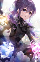  asahina_mafuyu asaya-bigun black_dress black_ribbon blue_eyes dress female floating_hair gothic_lolita hair_between_eyes highres lolita_fashion long_hair long_sleeves neck_ribbon open_mouth ponytail project_sekai purple_hair ribbon solo 