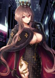  azur_lane black_cape black_dress black_gloves breasts brown_hair cape cleavage clemenceau_(azur_lane) closed_mouth commentary_request cowboy_shot cross crown dashinoya dress elbow_gloves female finger_to_mouth fur_trim gloves hair_between_eyes hand_up hip_vent holding holding_staff jewelry large_breasts long_hair looking_at_viewer red_cape red_eyes sidelocks smile solo staff standing tight_clothes tight_dress two-sided_cape two-sided_fabric two-tone_cape wristlet 