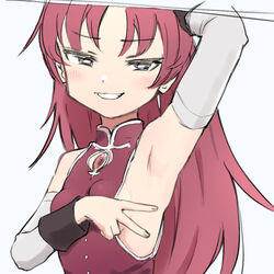  armpit_crease armpits black_eyes breasts collar detached_sleeves female long_hair mahou_shoujo_madoka_magica presenting_armpit red_hair sakura_kyoko sakura_kyoko_(magical_girl) sideboob simple_background small_breasts solo soul_gem uasi v white_background 