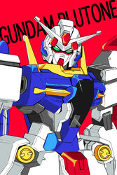  character_name green_eyes gundam gundam_00 gundam_00p gundam_plutone head_tilt highres joints looking_down mecha no_humans red_background robot robot_joints science_fiction sei_(enisidauc) solo v-fin 