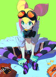  absurdres belt bikini bikini_top_only black_belt black_thighhighs blonde_hair chips_(food) cone_hair_bun eating female food gloves goggles goggles_on_head green_background green_eyes green_gloves hair_between_eyes hair_bun highres indian_style km_(ksolee1201) lab_coat lucia_fex mask midriff multicolored_hair pink_hair plaid plaid_skirt promare purple_thighhighs red_skirt respirator sitting skirt sleeves_rolled_up solo striped_clothes striped_thighhighs swimsuit thighhighs two-tone_hair 