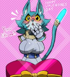  anthro blue_body blue_fur blush bodysuit breasts clothed clothing cybernetic_limb cybernetics cyborg deltarune diamond_grenadier domestic_cat felid feline felis female floating_hands fur glowing heart_box heart_symbol holidays light_bulb machine mammal raised_tail robotic_hand scar skinsuit solo tail tight_clothing undertale_(series) valentine&#039;s_day veta_the_cyborg_cat yellow_eyes 