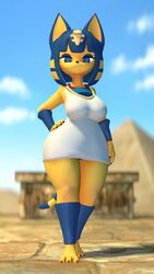  2021 3d_(artwork) 4k 9:16 absurd_res altar animal_crossing ankha_(animal_crossing) anthro barefoot bedroom_eyes big_breasts blue_eyes blue_hair breasts claws clothed clothing desert digital_media_(artwork) domestic_cat egyptian egyptian_clothing feet felid feline felis female frown fully_clothed hair hand_on_hip hazeker hi_res jewelry looking_at_viewer mammal narrowed_eyes nintendo outside panties pantsless panty_shot pyramid seductive sky solo source_filmmaker_(artwork) standing thick_thighs underwear uraeus voui wide_hips yellow_body 