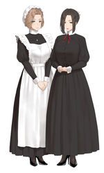  2girls apron black_eyes black_footwear black_hair black_legwear blue_eyes breasts brown_hair commentary dress edea_(throtem) frills hat high_heels highres light_smile looking_at_viewer maid maid_apron martha_(throtem) mob_cap multiple_girls original simple_background throtem white_background 