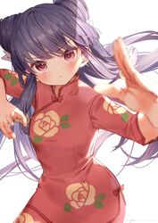  bad_id bad_twitter_id blush chinese_clothes double_bun dress female fighting_stance fingernails floral_print focused hair_bun hair_ribbon highres long_hair looking_at_viewer pink_dress pose purple_hair ranma_1/2 ribbon ryota_(ry_o_ta) shampoo_(ranma_1/2) signature simple_background solo twintails white_background 