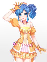  :d aikatsu! aikatsu!_(series) arm_over_head arm_up armpit_peek bare_legs bare_shoulders blue_eyes blue_hair bobbles circle commentary cowboy_shot dress earrings female gloves gradient_background hairband highres idol jewelry kiriya_aoi long_hair necklace nokita_(pinmisil) off-shoulder_dress off_shoulder open_mouth pouch romaji_commentary side_ponytail skirt smile solo square star_(symbol) star_print triangle_print white_hairband yellow_dress yellow_gloves yellow_skirt 