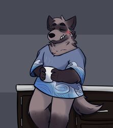  2021 anthro biped black_nose blush closed_eyes clothing container cup dave_(password) hi_res humanoid_hands hyena inside mammal orbitpaws password_(visual_novel) shirt solo striped_hyena topwear 