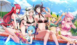  6+girls :d :o ;d alternate_costume aqua_bow arm_strap armlet arms_up bare_shoulders barefoot beach_chair beach_umbrella between_breasts bikini bikini_skirt black_bikini black_hair black_horns black_wings blue_eyes blue_hair blue_horns blue_sky blush bow bracelet braid breasts chamber_dragonmaid cleavage closed_mouth cloud collarbone commentary_request crown_braid day dragon_girl dragon_horns dragon_tail dragon_wings duel_monster ear_bow eyewear_on_head facial_mark flat_chest floral_print flower food_print frilled_bikini frills glasses green_bikini green_hair green_horns green_tail green_wings groin group_picture hair_between_eyes hair_flower hair_ornament hair_ribbon hairclip hand_up hands_on_own_thighs hat highres holding_another&#039;s_arm horns house_dragonmaid hsin innertube jewelry kitchen_dragonmaid kneeling large_breasts laundry_dragonmaid leg_up long_hair looking_at_viewer low-tied_long_hair low_twintails medium_breasts midriff multicolored_hair multiple_girls navel necklace nurse_cap nurse_dragonmaid o-ring o-ring_bikini oerba_yun_fang one-piece_swimsuit one_eye_closed open_mouth outdoors parlor_dragonmaid pink_bikini pink_hair pink_horns poolside red_hair red_nails ribbon ring scrunchie second-party_source seiza shadow sidelocks sitting sky smile soaking_feet splashing star_(symbol) star_hair_ornament sunglasses swept_bangs swim_ring swimsuit tail teeth twin_braids twintails umbrella upper_teeth_only water watermelon_print white_hair white_headwear white_one-piece_swimsuit white_ribbon wings wrist_scrunchie yellow_eyes yellow_horns yu-gi-oh! 