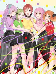  5girls belt black_belt black_bow black_choker black_skirt blue_eyes bow braid choker freyja_wion green_eyes hair_bun hair_ornament hairbow heart heart_hair_ornament highres kabu_(kaopako_) kaname_buccaneer long_hair macross macross_delta makina_nakajima mikumo_guynemer multiple_girls one_eye_closed orange_eyes orange_hair pink_hair purple_hair reina_prowler short_hair single_hair_bun skirt smile very_long_hair walkure_(macross_delta) 