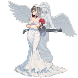  angel_statue bare_shoulders benelli_m4 bouquet breasts bridal_veil brown_hair cleavage closed_mouth crossed_arms ddal dress female flower full_body girls&#039;_frontline gun holding holding_bouquet large_breasts light_blush long_dress long_hair looking_at_viewer looking_to_the_side m1014_(girls&#039;_frontline) m1014_(heartbeat_before_the_angel_statue)_(girls&#039;_frontline) official_alternate_costume official_art profile red_eyes red_flower red_rose rose shotgun simple_background solo standing statue third-party_source transparent_background veil very_long_hair weapon wedding_dress white_dress 