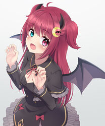  :d aqua_eyes bad_id bad_pixiv_id bat_wings black_capelet black_dress blush bow breasts capelet claw_pose crescent crescent_hair_ornament demon_girl demon_horns dress female frilled_capelet frilled_dress frills grey_background hair_between_eyes hair_ornament heterochromia highres horns long_hair long_sleeves looking_at_viewer neck_ribbon nijisanji oerba_yun_fang open_mouth red_bow red_eyes red_hair red_ribbon ribbon sakurano_yukke simple_background small_breasts smile solo standing two_side_up virtual_youtuber wings yuzuki_roa yuzuki_roa_(1st_costume) 