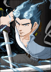  1boy bara blue_hair blush dark_blue_hair fiery_horns fighting_stance gakuran hair_slicked_back highres holding holding_sword holding_weapon horns katana male_focus pants partially_unbuttoned pectoral_cleavage pectorals sakimori_toji scar scar_on_cheek scar_on_face school_uniform short_hair solo sword tokyo_afterschool_summoners toned toned_male weapon yon_yon_(shikawafu) 