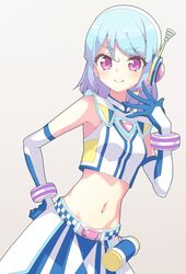  aikatsu!_(series) aikatsu_friends! aikatsu_on_parade! arm_up armpit_crease bare_shoulders blue_hair commentary_request crop_top elbow_gloves female gloves gradient_hair grey_background groin hair_between_eyes hand_on_own_hip headphones looking_at_viewer microphone midriff minato_mio multicolored_hair navel nokita_(pinmisil) purple_eyes purple_hair short_hair simple_background skirt sleeveless smile solo stomach upper_body wrist_cuffs 