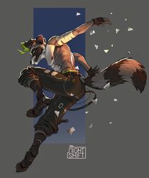  abs action_pose anthro clothed clothing hi_res male mammal muscular muscular_male pecs pose procyon_(redsummer) procyonid raccoon redsummer solo topless 