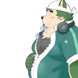  1:1 2021 anthro blush canid canine canis clothing domestic_dog electronics fur green_body green_fur headphones headphones_around_neck hi_res humanoid_hands kemono lifewonders live_a_hero male mammal mokdai overweight overweight_male shirt simple_background solo topwear white_background yaki_atsuage 