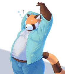  2023 absurd_res ailurid anthro bari_mu bottomwear brown_body closed_eyes clothing hi_res humanoid_hands kemono male mammal overweight overweight_male pants red_panda shirt simple_background solo stretching topwear 