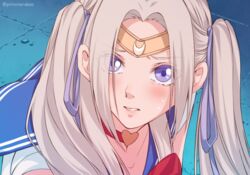  bishoujo_senshi_sailor_moon bishoujo_senshi_sailor_moon_s blue_background blue_sailor_collar bow bowtie choker collarbone commentary cosplay derivative_work diadem edelgard_von_hresvelg english_commentary female fire_emblem fire_emblem:_three_houses grey_hair heart heart_choker long_hair looking_at_viewer magical_girl meme purple_eyes red_bow red_bowtie red_choker sailor_collar sailor_moon sailor_moon_(cosplay) sailor_moon_redraw_challenge_(meme) sailor_senshi_uniform screenshot_redraw shirt sieka_(piiroinardesco) solo tsukino_usagi twintails twitter_username upper_body white_shirt 