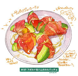  avocado carpaccio_(food) dated food food_focus fruit garnish ham highres meat momiji_mao no_humans original plate raw_meat sauce simple_background still_life translation_request white_background 