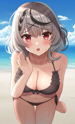  :d absurdres arm_at_side bare_arms bare_shoulders beach bikini black_bikini black_hair blush braid breasts cleavage cowboy_shot day duplicate female frilled_bikini frills front-tie_bikini_top front-tie_top grey_hair hair_ornament halterneck hand_up highres hisui_(user_zvkr2432) hololive large_breasts looking_at_viewer multicolored_hair ocean oerba_yun_fang outdoors parted_lips pixel-perfect_duplicate red_eyes sakamata_chloe short_hair side-tie_bikini_bottom smile solo streaked_hair sunlight swimsuit thigh_gap thighs virtual_youtuber water wet x_hair_ornament 