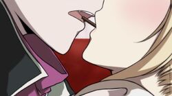  1boy black_jacket blonde_hair close-up couch criis-chan danganronpa_(series) danganronpa_2:_goodbye_despair female head_out_of_frame imminent_kiss jacket mouth_focus open_mouth purple_scarf scarf sonia_nevermind straight tanaka_gundham 