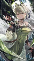  absurdres animal_ear_fluff animal_ears arknights bare_shoulders breasts cat_ears closed_mouth coat collarbone commentary cowboy_shot dress female green_dress green_eyes grey_hair gun highres holding holding_gun holding_weapon kal&#039;tsit_(arknights) long_sleeves looking_at_viewer medium_breasts mon3tr_(arknights) monge_baby monster open_clothes open_coat short_hair solo trigger_discipline weapon white_coat wristband 