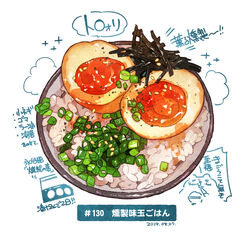  bowl chopped_spring_onion egg egg_(food) food food_focus garnish highres momiji_mao no_humans original rice rice_bowl seaweed sesame_seeds simple_background softboiled_egg sparkle spring_onion still_life translation_request white_background 