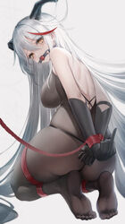  absurdres aegir_(azur_lane) azur_lane ball_gag black_gloves bondage bondage bondage bound breasts commission demon_horns feet female gag gagged gloves hair_on_horn highres horns lin_jingling long_hair looking_at_viewer looking_back multicolored_hair no_shoes pantyhose red_rope restrained rope second-party_source slave soles streaked_hair thong underwear variant_set very_long_hair white_hair yellow_eyes 