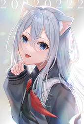  animal_ears asaya-bigun black_necktie blue_eyes cat_ears cat_girl female floating_hair grey_hair grey_sweater hair_between_eyes highres kemonomimi_mode long_hair long_sleeves looking_at_viewer neckerchief necktie project_sekai red_neckerchief signature solo sweater tongue tongue_out upper_body yoisaki_kanade 