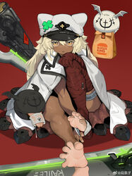  absurdres barefoot clover dark-skinned_female dark_skin feet foot_focus four-leaf_clover gloves guilty_gear guilty_gear_strive hair_between_eyes hat highres knee_up light-skinned_soles long_hair looking_at_viewer lucifero_(guilty_gear) menthako ramlethal_valentine single_bare_leg soles spread_toes toeless_legwear toenails toes 