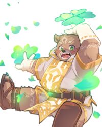  4:5 anthro bear blush brown_body brown_fur clothing clover_(plant) clover_leaf crave_saga footwear four_leaf_clover fur gabu_(crave_saga) gloves green_eyes handwear leaf male mammal marumaru1719800 plant robe sandals sitting slightly_chubby smile solo white_clothing 