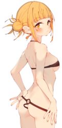  absurdres adjusting_clothes adjusting_swimsuit ass back bare_shoulders bikini blonde_hair blunt_bangs blush boku_no_hero_academia breasts brown_bikini closed_mouth cowboy_shot double_bun expressionless female from_behind hair_bun halterneck highres looking_at_viewer looking_back medium_breasts messy_hair o-ring o-ring_bikini rasusurasu short_hair_with_long_locks sideboob sidelocks simple_background skindentation solo standing straight_hair swimsuit toga_himiko white_background yellow_eyes 