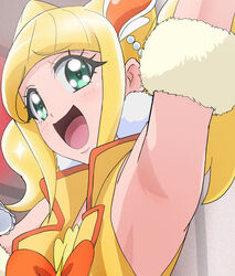  :d arm_up armpits blonde_hair cone_hair_bun cure_sparkle female green_eyes hair_bun haruyama_kazunori healin&#039;_good_precure hiramitsu_hinata magical_girl open_mouth precure short_hair smile solo twintails upper_body 