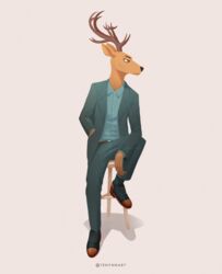  2021 anthro antlers beastars cervine clothed clothing deer digital_media_(artwork) hi_res horn louis_(beastars) male mammal orange_eyes red_deer sitting solo tenynn 