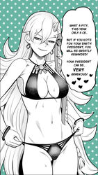  bikini breasts cleavage crossed_bangs earrings english_text fate/grand_order fate_(series) female green_background greyscale_with_colored_background grin hair_between_eyes half-closed_eyes heart highres horns jewelry long_hair medium_breasts mixed-language_commentary navel official_alternate_costume olga_marie_animusphere shinsaku_(stan-art) simple_background single_horn smile solo speech_bubble stomach swimsuit u-olga_marie very_long_hair 