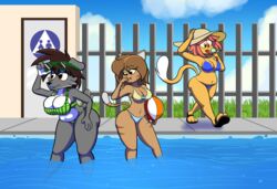  2021 absurd_res anthro aubri_(rewd) ball beach_ball bikini bikini_bottom bikini_top bow_bikini breasts brianna_(marcodile-arts) brown_eyes canid canine canis clothed clothing cloud countershade_torso countershading dessert detailed_background digital_media_(artwork) dipstick_tail domestic_cat eyeshadow eyewear felid feline felis female fence food footwear freckles fur fur_markings grass green_eyes grey_body grey_fur group hair hand_on_head hat headgear headwear hi_res holding_ball holding_food holding_object ice_cream inflatable looking_at_another makeup mammal marcodile markings multicolored_body multicolored_fur multicolored_tail navel orange_body orange_eyes orange_hair outside partially_submerged plant poolside public rachel_(blackmore) sandals sharp_teeth short_hair side-tie_bikini side-tie_clothing side-tie_swimwear skimpy sky slightly_chubby slightly_chubby_female standing string_bikini striped_markings striped_tail stripes summer sun_hat sunglasses swimming_pool swimwear tail tail_markings tan_body tan_fur teeth trio two_tone_body two_tone_fur water white_body white_countershading wolf yellow_body yellow_fur 