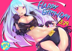  alternate_costume angel_(kof) angel_(kof)_(cosplay) black_panties boots chaps cosplay cowboy_shot cropped_jacket female fingerless_gloves gloves happy_birthday highres jacket kula_diamond long_hair looking_at_viewer midriff navel panties pink_background red_eyes simple_background snk snk_heroines:_tag_team_frenzy solo the_king_of_fighters two9one underwear 