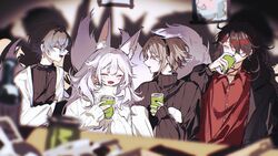  1boy 3girls :d ^_^ absurdres animal_ear_fluff animal_ears black_hair black_hairband black_shirt black_sweater closed_eyes collared_shirt dongjian_bohe extra_ears eyebrows_hidden_by_hair eyeshadow fangs fox_ears fox_girl grey_hair hair_behind_ear hairband highres hood hoodie ike_eveland lantern_earrings makeup multicolored_hair multiple_girls mysta_rias nijisanji nijisanji_en nina_kosaka open_mouth red_eyeshadow red_hair ribbed_sweater shirt smile streaked_hair sweater virtual_youtuber vox_akuma white_hoodie 