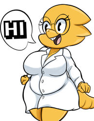  alphys anthro belly big_breasts breasts buckteeth clothed clothing coat dialogue english_text eyewear female front_view glasses hi_res lab_coat lizard maikyoh non-mammal_breasts open_mouth open_smile overweight overweight_anthro overweight_female reptile scales scalie simple_background slightly_chubby slightly_chubby_anthro slightly_chubby_female smile solo speech_bubble tail teeth text thick_tail thick_thighs topwear undertale undertale_(series) wide_hips yellow_body yellow_scales 