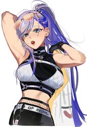  armpits blue_eyes blue_hair breasts candy crop_top earrings eus_ing eyewear_on_head female food gloves grey_hair highres hololive hololive_indonesia jewelry lollipop long_hair looking_at_viewer medium_breasts open_mouth pavolia_reine pavolia_reine_(streetwear) ponytail simple_background solo sunglasses teeth very_long_hair virtual_youtuber white_background 