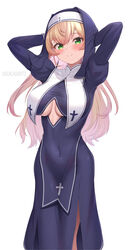  absurdres alternate_costume arms_behind_head black_dress blonde_hair blush breasts closed_mouth commentary_request cosplay covered_navel cross cross_print dress feet_out_of_frame female green_eyes highres hololive houshou_marine houshou_marine_(cosplay) houshou_marine_(nun) latin_cross long_hair long_sleeves looking_at_viewer medium_breasts momosuzu_nene nun oerba_yun_fang simple_background skin_fang smile solo suicabar72 twitter_username underboob virtual_youtuber white_background 