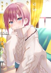  aran_sweater artist_name backlighting blue_eyes breasts cable_knit closed_mouth clothing_cutout commentary_request couch curtains day female flower frills go-toubun_no_hanayome hair_between_eyes hakuda_tofu hand_up highres indoors long_sleeves medium_breasts nakano_ichika pillow pink_hair short_hair shoulder_cutout sleeves_past_wrists smile solo sunlight sweater turtleneck turtleneck_sweater vase white_sweater yellow_flower 