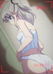  arms_at_sides ass back bare_arms bare_shoulders blue_eyes blurry blurry_background breasts camisole charlotte_(anime) closed_mouth commentary_request cowboy_shot expressionless eyelashes eyes_visible_through_hair female from_side grey_hair hair_between_eyes hidden_camera highres indoors lelie_(lelie_link) light_blush long_hair looking_down medium_breasts off_shoulder paid_reward_available panties profile recording sidelocks solo standing tomori_nao two_side_up underwear white_camisole white_panties 