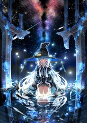  absurdres arch bad_id bad_pixiv_id black_coat black_gloves black_skirt blue_flower blue_rose braid bridal_gauntlets closed_eyes coat comet commentary crossed_bangs flower galaxy glass gloves glowing glowing_hair hair_between_eyes hat hat_flower headwear_request highres kneeling long_hair long_sleeves mito_w night night_sky overgrown own_hands_together pillar pleated_skirt praying reflection ribbon-trimmed_sleeves ribbon_trim ripples rope rose ruins shiki_no_akari skirt sky space star_(sky) starry_sky talisman tomoshibi_no_majo two-sided_fabric two-sided_headwear very_long_hair water water_drop white_hair wide_sleeves witch witch_hat yellow_flower 